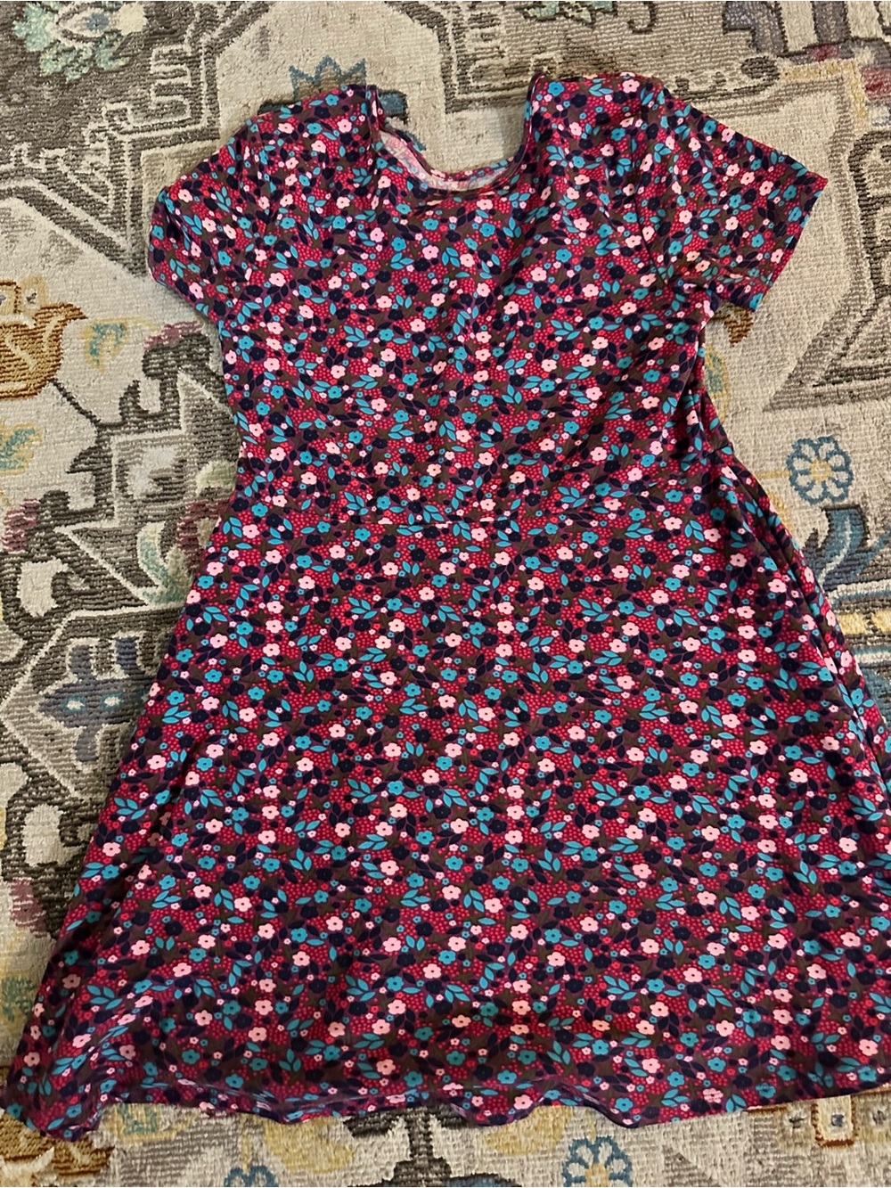 Falls Creek Girls Floral A Line Dress Short Sleeve Maroon Teal Pink XL 14/16